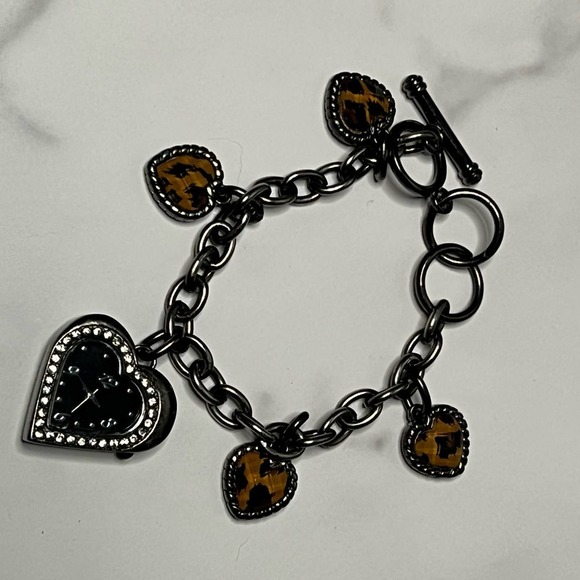 Unknown Accessories - Watch Charm Bracelet Leopard Print Heart Shaped Charms Dark Silver Black Chain